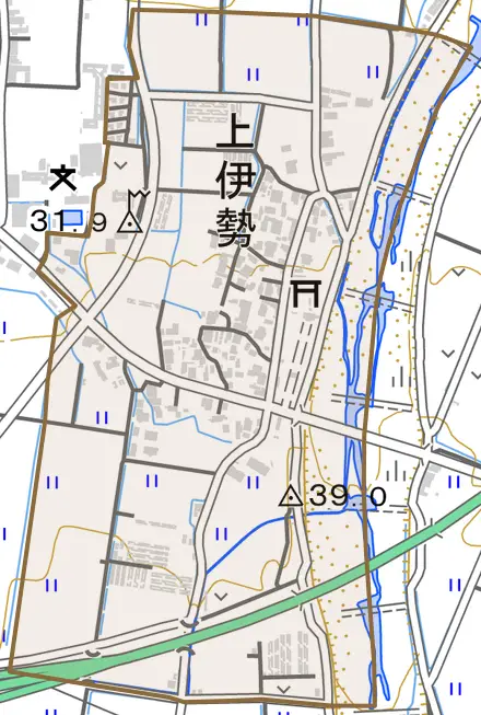 大字上伊勢とその周辺の地図。町の範囲を重ねている