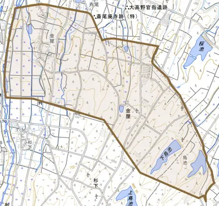 大字金屋とその周辺の地図。町の範囲を重ねている