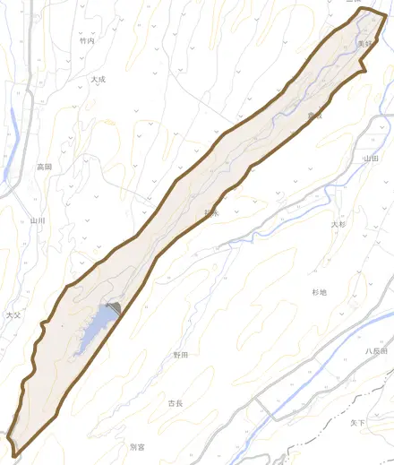 大字倉坂とその周辺の地図。町の範囲を重ねている