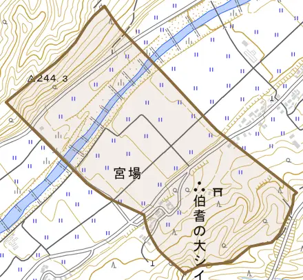 大字宮場とその周辺の地図。町の範囲を重ねている
