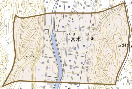大字宮木とその周辺の地図。町の範囲を重ねている