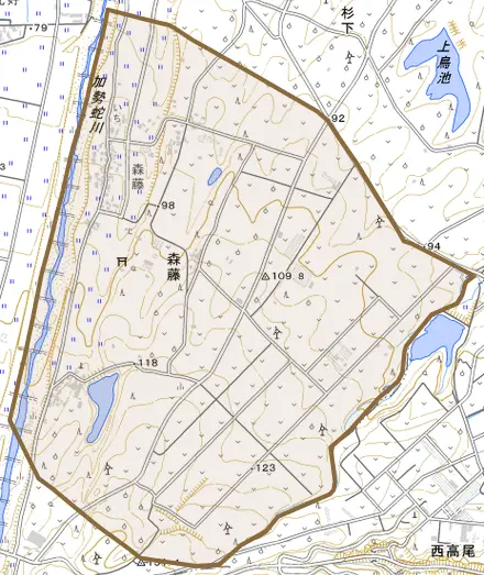大字森藤とその周辺の地図。町の範囲を重ねている