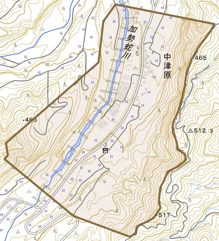 大字中津原とその周辺の地図。町の範囲を重ねている