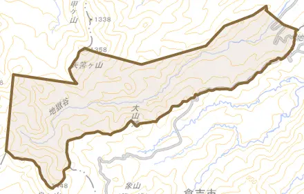 大字野井倉とその周辺の地図。町の範囲を重ねている