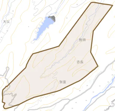 大字野田とその周辺の地図。町の範囲を重ねている