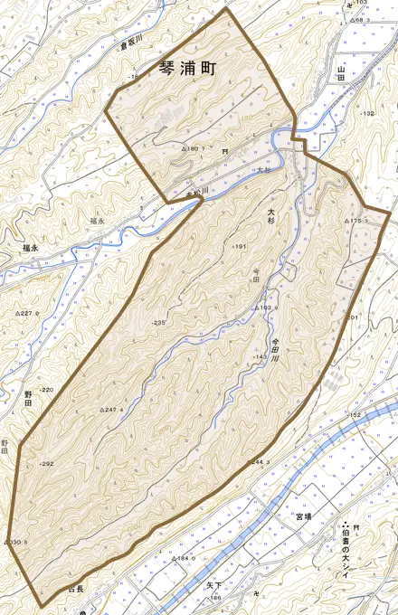 大字大杉とその周辺の地図。町の範囲を重ねている