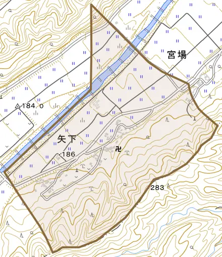 大字矢下とその周辺の地図。町の範囲を重ねている