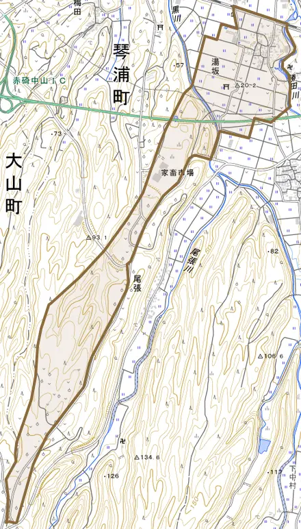 大字湯坂とその周辺の地図。町の範囲を重ねている