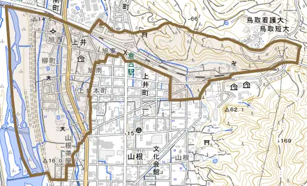 上井とその周辺の地図。町の範囲を重ねている
