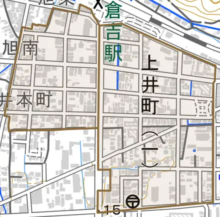 上井町とその周辺の地図。町の範囲を重ねている