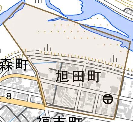 旭田町とその周辺の地図。町の範囲を重ねている