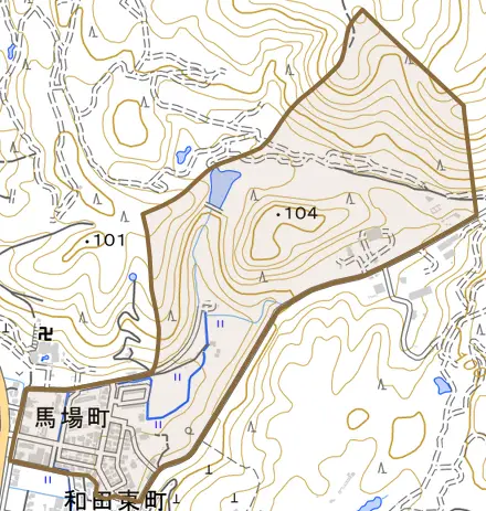 馬場町とその周辺の地図。町の範囲を重ねている