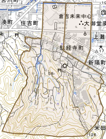 駄経寺町とその周辺の地図。町の範囲を重ねている
