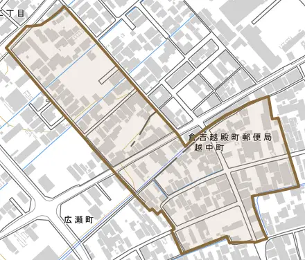 越中町とその周辺の地図。町の範囲を重ねている