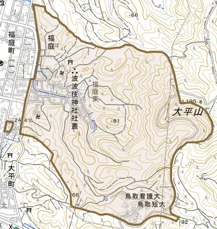 福庭とその周辺の地図。町の範囲を重ねている