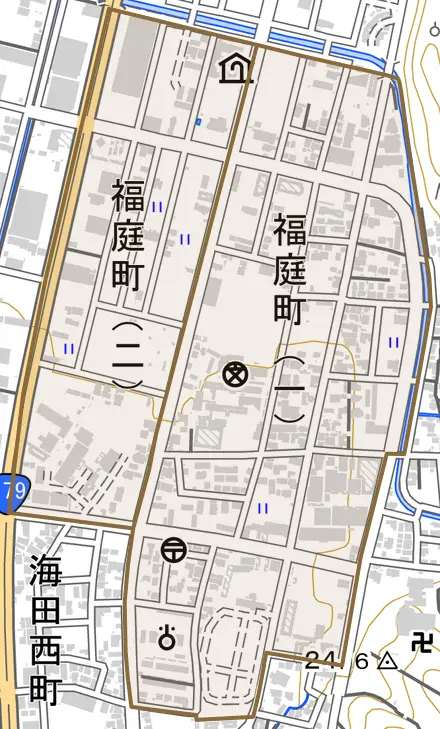 福庭町とその周辺の地図。町の範囲を重ねている