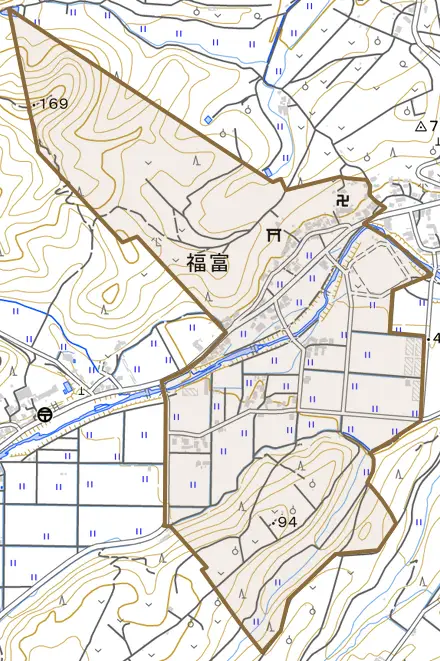 福富とその周辺の地図。町の範囲を重ねている