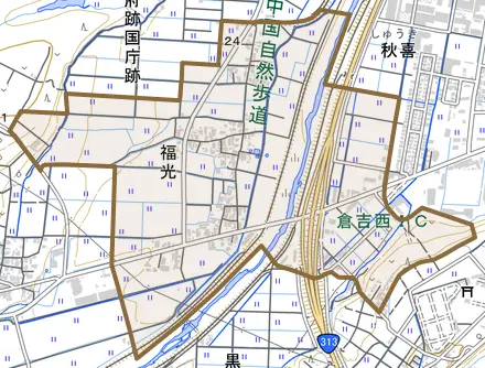 福光とその周辺の地図。町の範囲を重ねている