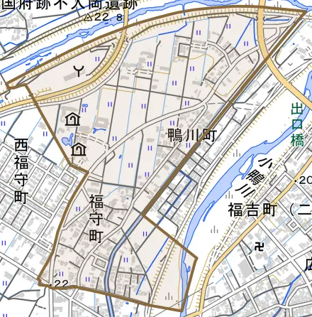 福守町とその周辺の地図。町の範囲を重ねている