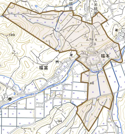 福本とその周辺の地図。町の範囲を重ねている