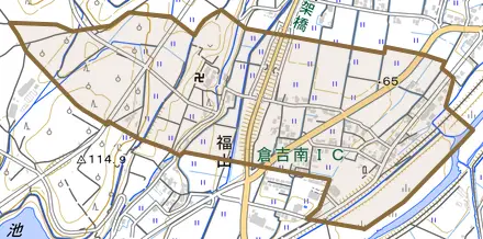 福山とその周辺の地図。町の範囲を重ねている