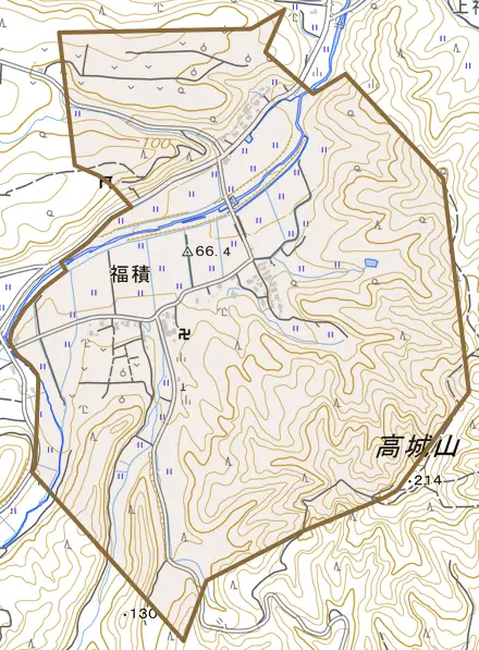 福積とその周辺の地図。町の範囲を重ねている