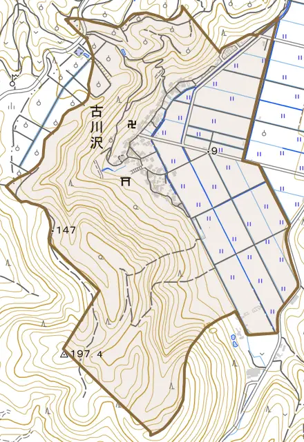 古川沢とその周辺の地図。町の範囲を重ねている