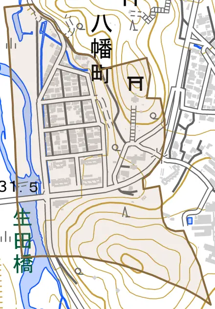 八幡町とその周辺の地図。町の範囲を重ねている