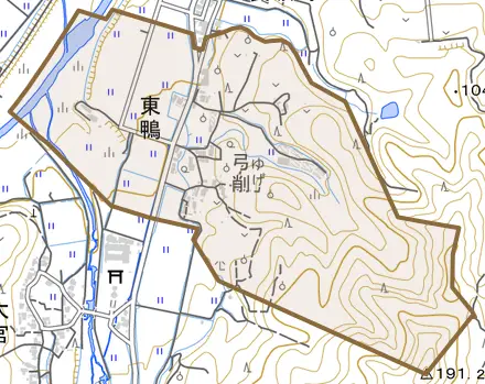 東鴨とその周辺の地図。町の範囲を重ねている