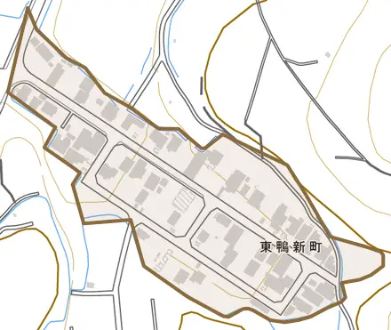 東鴨新町とその周辺の地図。町の範囲を重ねている