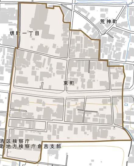 東町とその周辺の地図。町の範囲を重ねている