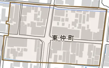 東仲町とその周辺の地図。町の範囲を重ねている