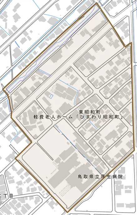 東昭和町とその周辺の地図。町の範囲を重ねている