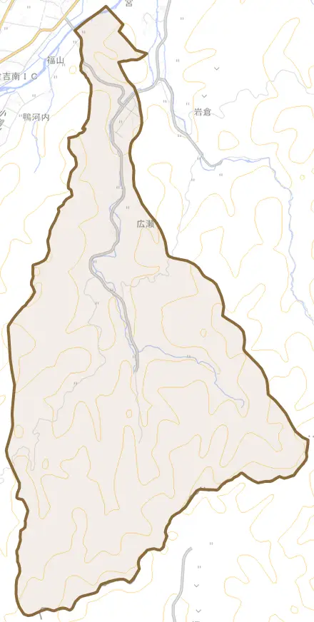 広瀬とその周辺の地図。町の範囲を重ねている