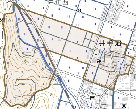 井手畑とその周辺の地図。町の範囲を重ねている