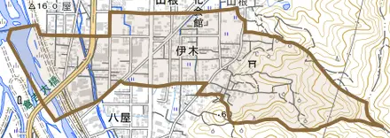 伊木とその周辺の地図。町の範囲を重ねている
