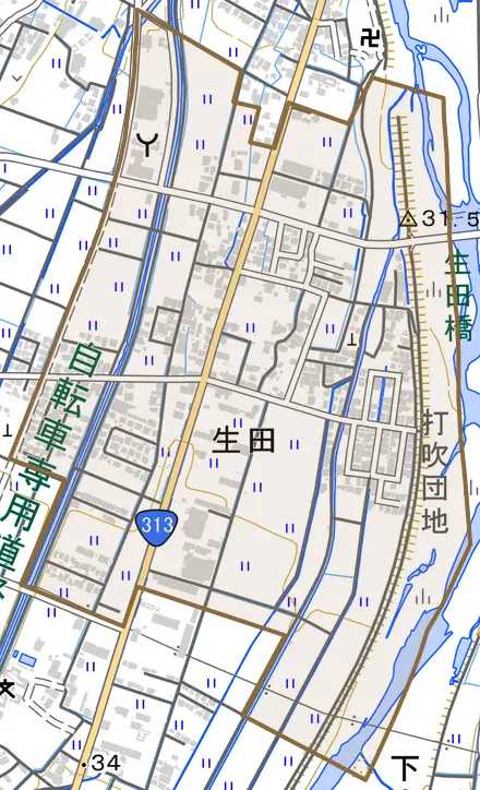 生田とその周辺の地図。町の範囲を重ねている