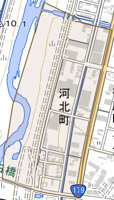河北町とその周辺の地図。町の範囲を重ねている