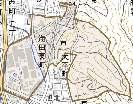 海田東町とその周辺の地図。町の範囲を重ねている