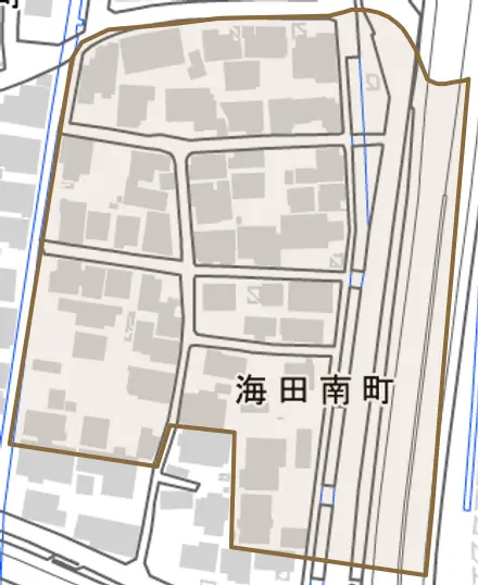 海田南町とその周辺の地図。町の範囲を重ねている