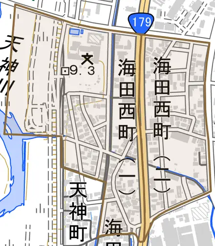 海田西町とその周辺の地図。町の範囲を重ねている