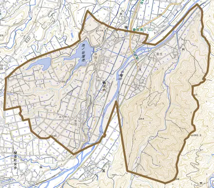 鴨河内とその周辺の地図。町の範囲を重ねている