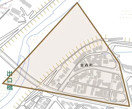金森町とその周辺の地図。町の範囲を重ねている