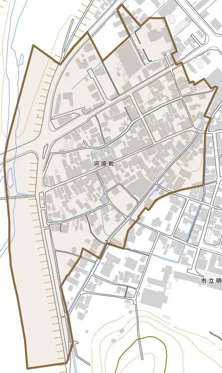 河原町とその周辺の地図。町の範囲を重ねている