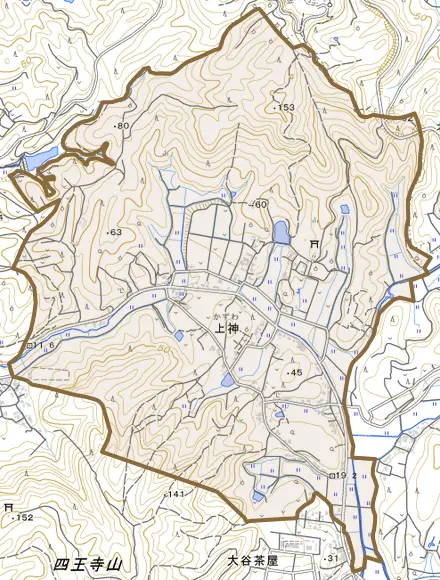 上神とその周辺の地図。町の範囲を重ねている