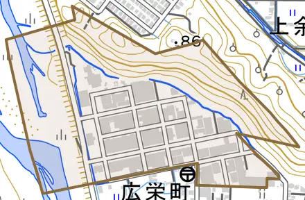 広栄町とその周辺の地図。町の範囲を重ねている