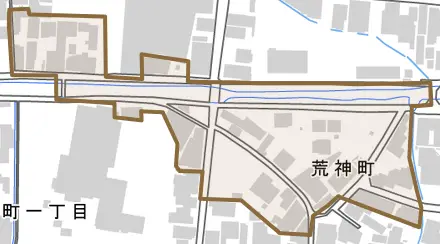 荒神町とその周辺の地図。町の範囲を重ねている