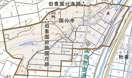 国分寺とその周辺の地図。町の範囲を重ねている