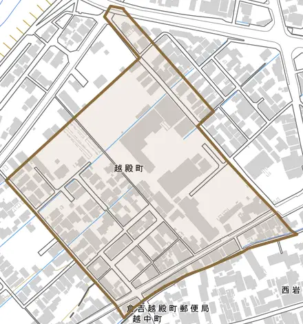 越殿町とその周辺の地図。町の範囲を重ねている