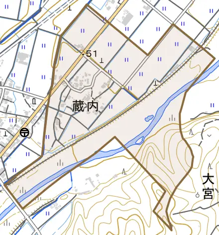 蔵内とその周辺の地図。町の範囲を重ねている